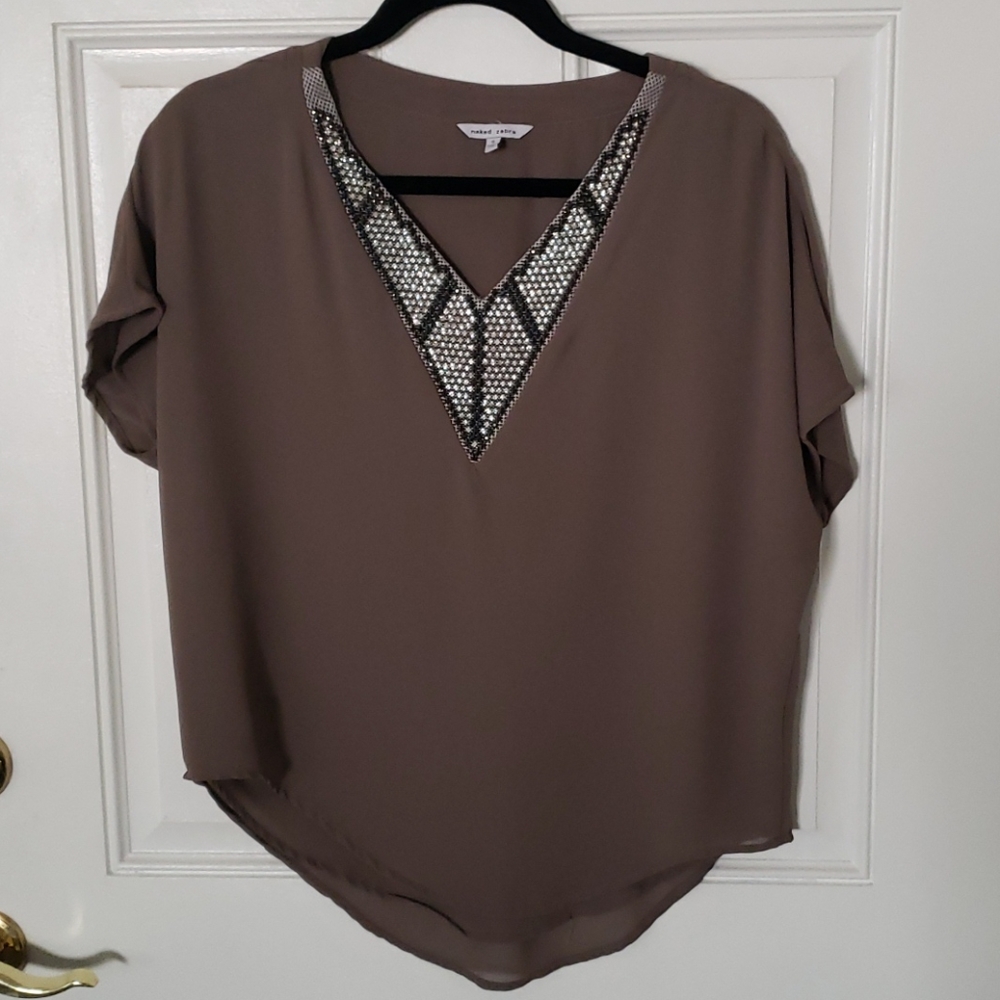 Naked Zebra Rhinestone Neckline Blouse